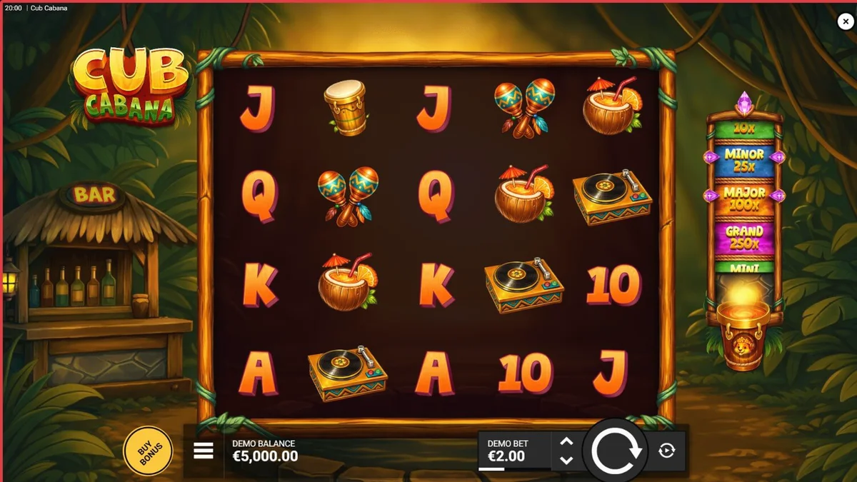 Pemandangan visual slot Cub Cabana dengan tema pesta tropis yang meriah